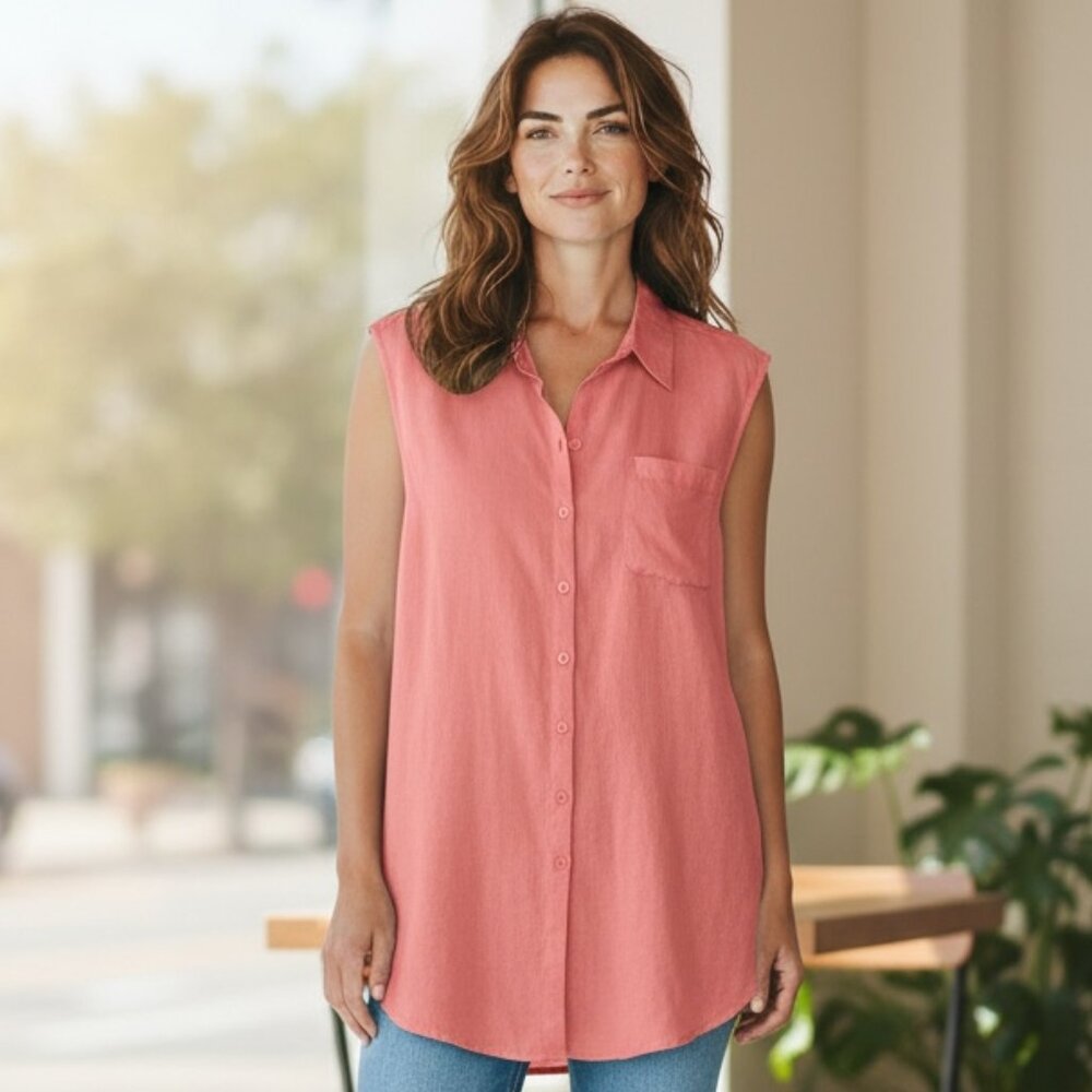 Coldwater Creek Linen Button Up Sleeveless Tunic‎ Top XL Pink #357A